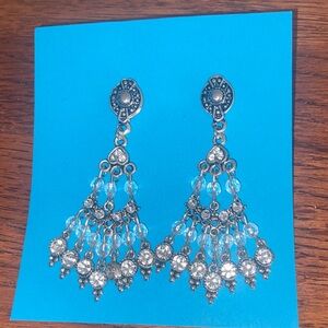 Vintage 90s Tibetan Silver Rhinestoned Chandelier Earrings